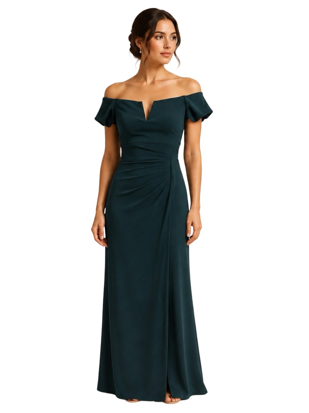 X by Xscape Emerald Teal Ruched Off-Shoulder Formal Maxi Gown Size 4